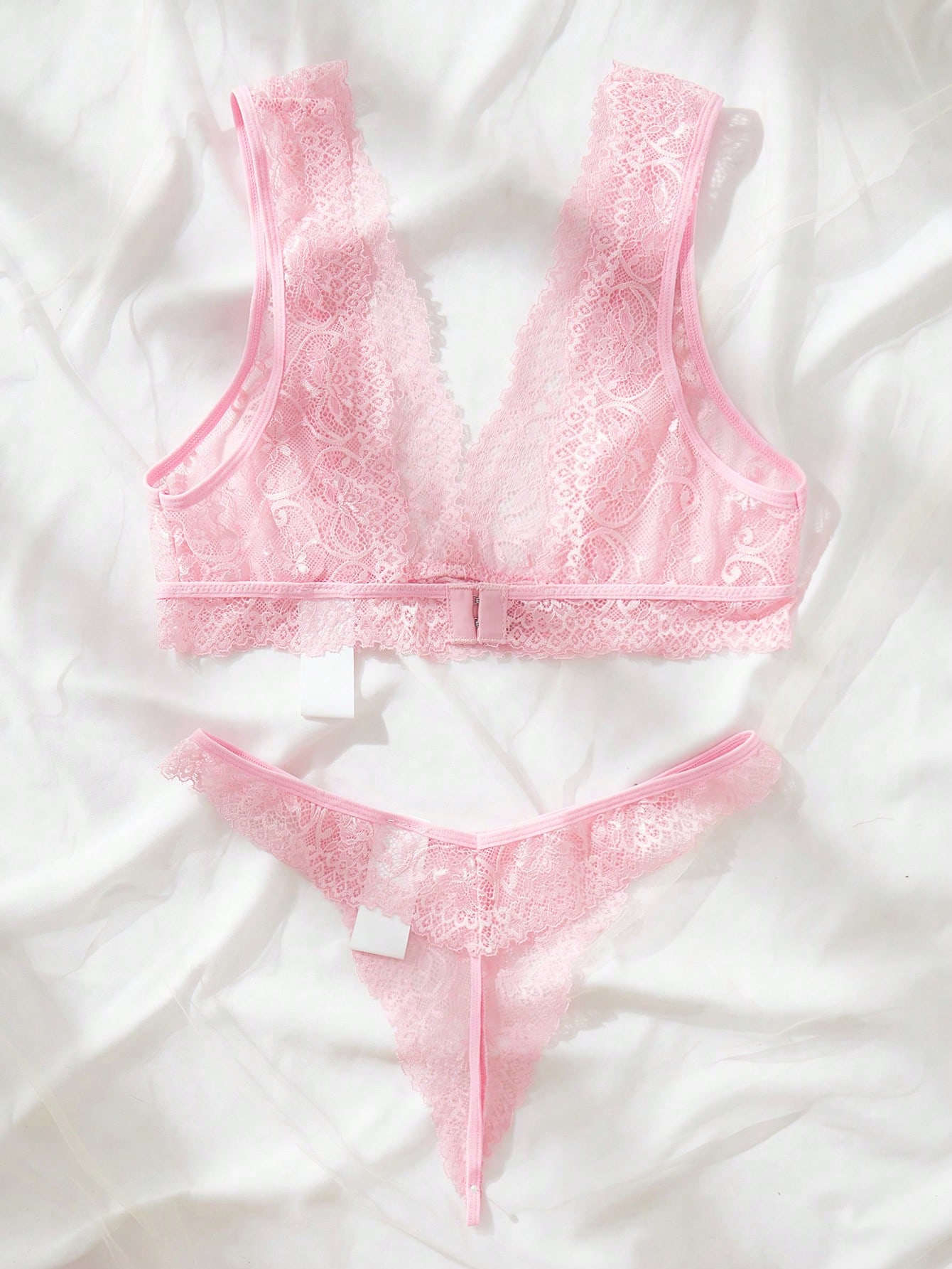 Lace Bralette Set - Set Lingerie Renda Pink Transparan dengan